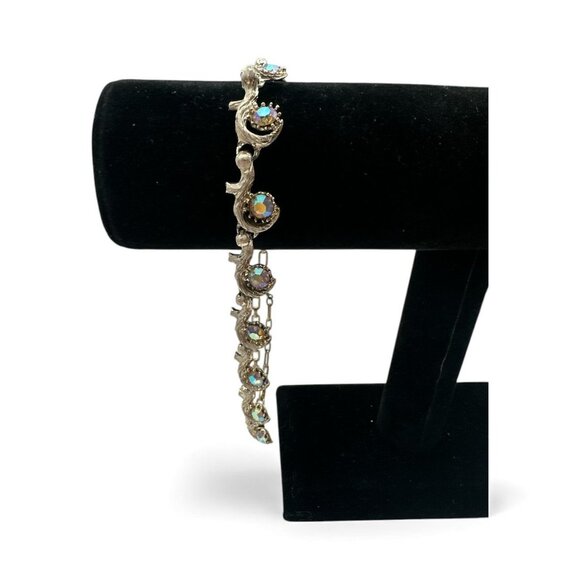 Vintage Silver Tone Aurora Borealis Rhinestone Bracelet With Sculpted Swirl Desi - Picture 3 of 3